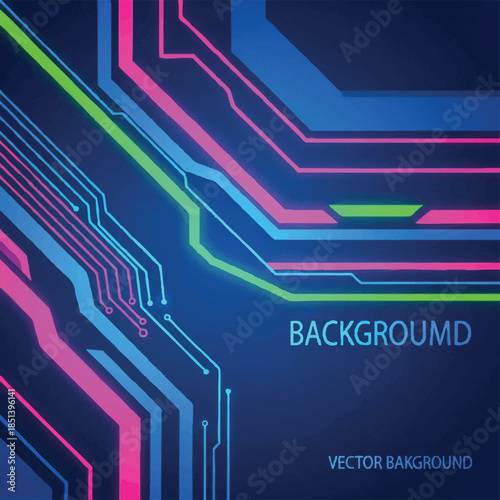 Abstract neon circuit board lines on a dark blue background, futuristic technology concept