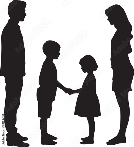 A silhouetted family of five stands together with children holding hands representing unity love and the strong bonds of kinship and