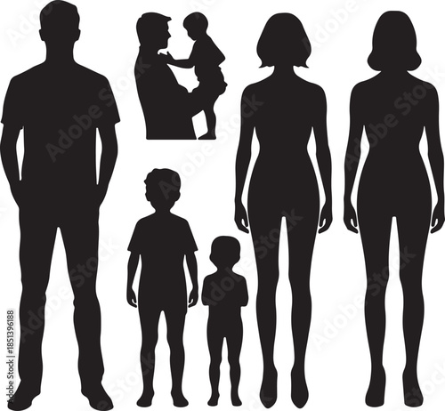 Silhouettes of a family a father mother children and baby are depicted in a minimalist black and white style showing familial