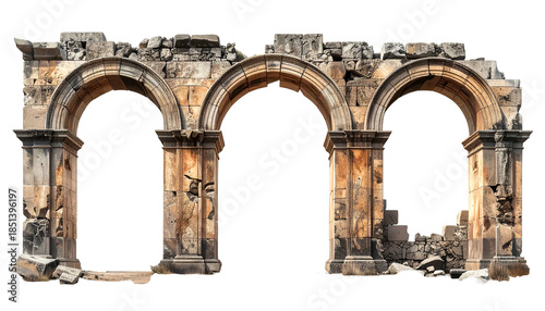 Weathered stone archway ruin with three archways against a black backdrop, partially damaged