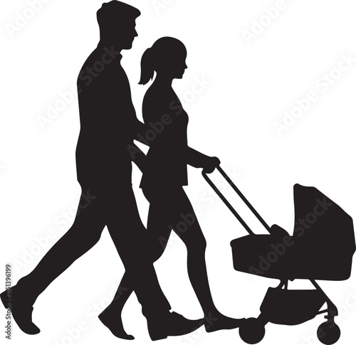 A silhouetted image depicts a couple walking together pushing a baby stroller symbolizing family parenthood and a leisurely outing