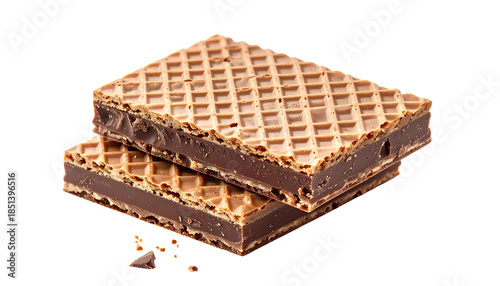 Two chocolate wafer cookies, stacked, revealing layers of creamy filling and textured top