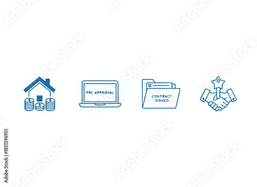 Real estate process vector icons featuring house investment coins, mortgage pre-approval laptop, signed contract folder, and handshake with key for property buying guide