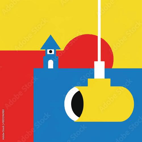 A whimsical yellow submarine journeys beneath a stylized sunset and a tiny blue and white house by the sea