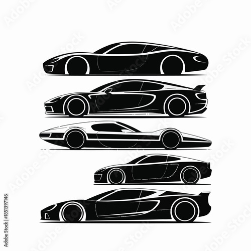 Five black sports car silhouettes with white outlines on white automobile vehicle.
