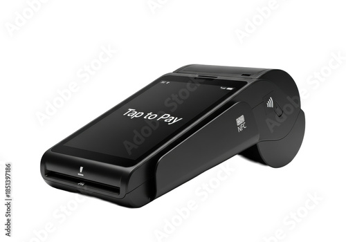 Matte black, sleek pos terminal with an illuminated 'tap to pay' touchscreen, captured from a 3/4 angle on a transparent seamless studio background, zero shadows. Concept for financial technology
