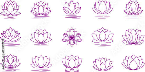 Set of lotus flowers vector icons. Relax, calm and harmony symbol. Black line icons.
