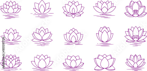 Set of lotus flowers vector icons. Relax, calm and harmony symbol. Black line icons.

