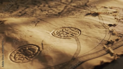 Vintage Map's Secrets Unveiled:  Intricate lines and symbols etched upon weathered parchment whisper tales of distant lands and hidden treasures, illuminated by the warm embrace of time.