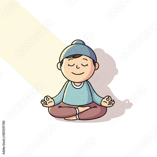 Peaceful child meditating with eyes closed in a cross-legged yoga pose bathed in warm sunlight, promoting mindfulness and inner calm