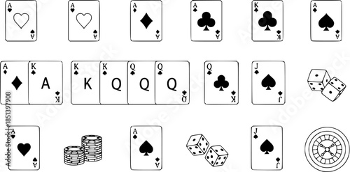Set of playing card vector icons. Gambling game. Four card. Black outline icons.
