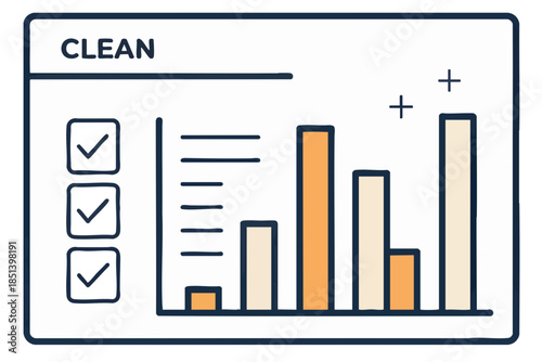 Business Analysis Chart: A minimalist business chart illustrates a clean and organized data analysis process, with bar graphs and checkmarks, suggesting successful completion and positive trends.