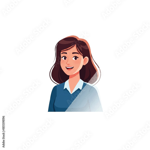 Illustrated portrait of a young woman with brown hair wearing a blue collared shirt, showcasing a friendly and approachable demeanor