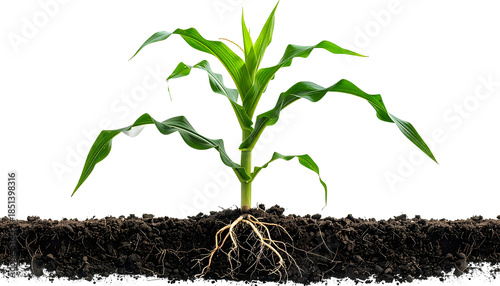 A young corn plant emerges from soil with roots visible, against a black background