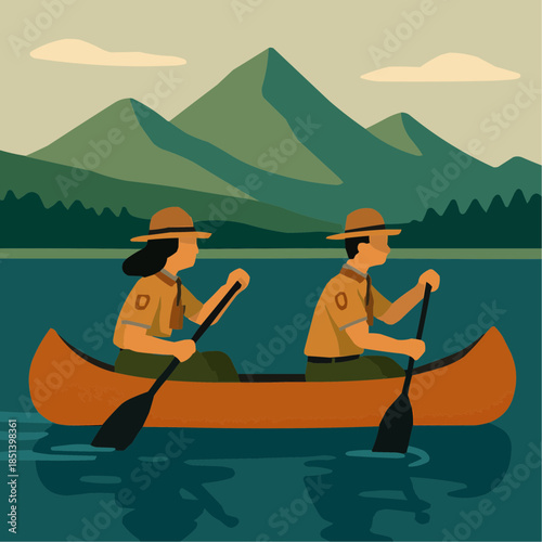 Scouts Canoeing Lake Flat Scene

