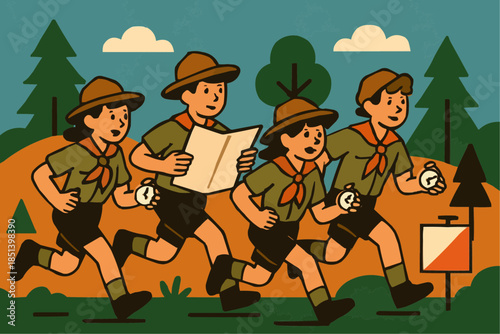 Scout Orienteering Race Flat Illustration

