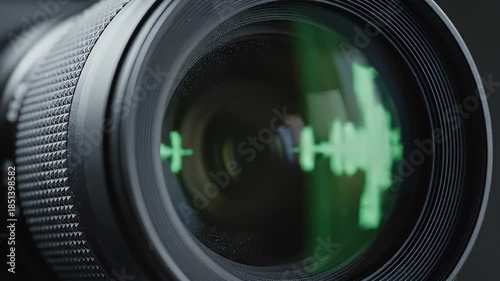 Close-up of Camera Lens with Sound Wave Display.