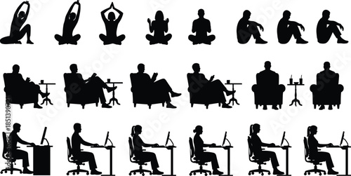 Human activity silhouettes set showing yoga meditation sitting cafe lounging and office computer work isolated black vector illustration design collection