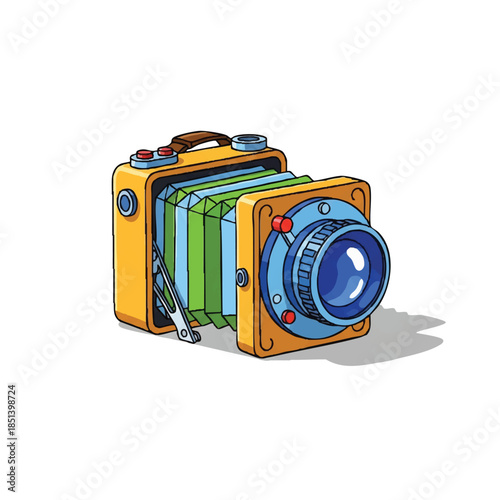 Vintage folding camera illustration, a retro photographic device with bellows and lens