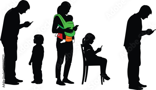 Family smartphone addiction silhouettes showing parents and children using mobile devices, modern technology impact, digital lifestyle behavior isolated