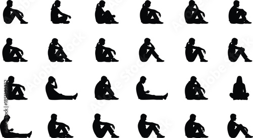 Sitting woman silhouette collection showing thoughtful, relaxed, emotional floor sitting poses expressing solitude and contemplation isolated on white background