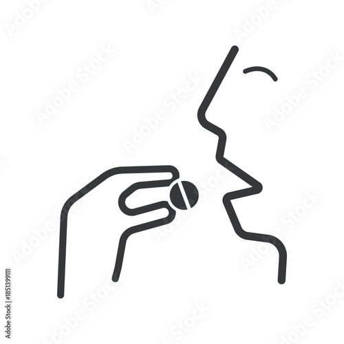 Isolated pictogram of person drinking medicine, head tilted upward, one hand holding glass of water, symbolizing health and medical care.
