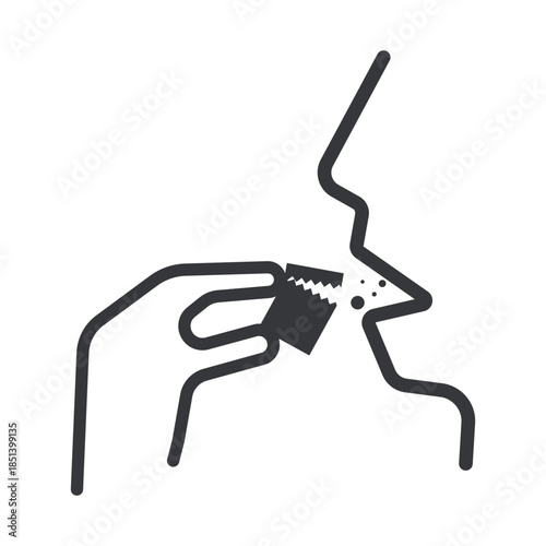 Isolated outline pictogram of a face eating from opened package, representing prohibition of consuming items like silica gel or desiccant.