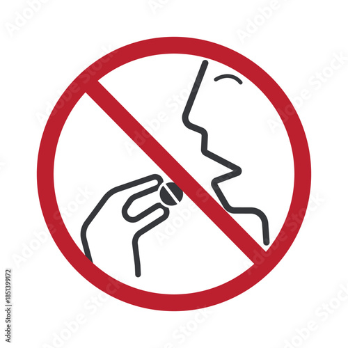 Isolated prohibition pictogram showing person taking medicine, warning against unauthorized drug use, emphasizing medical safety, prescription requirement, and healthcare awareness globally.