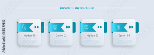 Clean business infographic template featuring 4 options with icons in a modern and minimal style. Suitable for business presentations, workflow layouts, process diagrams, banners, flowcharts, timeline