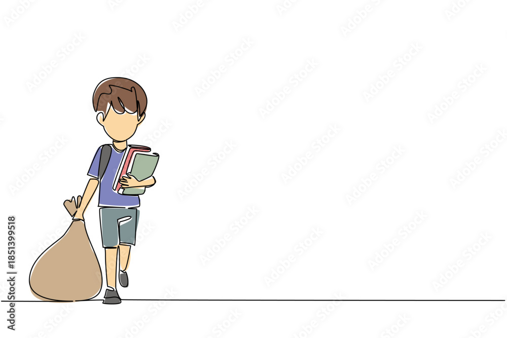 Fototapeta premium Single line drawing of a boy with schoolbooks dragging a sack, social concept for human rights. World Day Against Child Labor urging education first, safe childhoods, and protection from exploitation