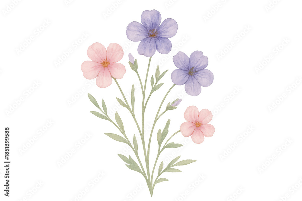 Fototapeta premium Watercolor floral arrangement with pink and purple spring blossoms and green leaves, transparent background design element