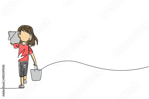 Continuous line drawing of a young girl carrying two heavy buckets, one on her shoulder and one by her side, front view. Showing physical strain of child labor. World Day Against Child Labor event