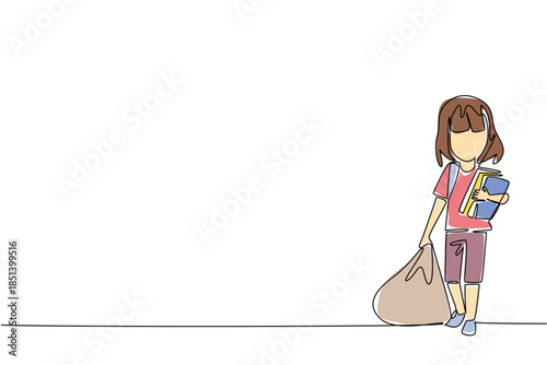 Single line drawing of a young girl carrying a large, heavy sack or bag while also clutching school books. showing forced choice between labor and education. World Day Against Child Labor event