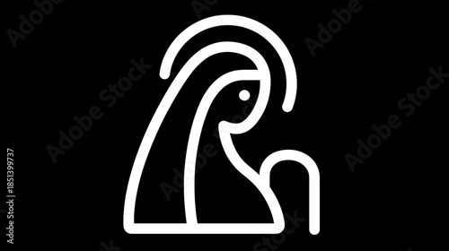 Minimalist religious icon of a woman with a halo, depicting spirituality and devotion in a simple line art vector illustration.