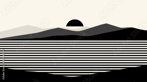 Minimalist geometric landscape illustration with sun rising over calm water and layered mountains. Abstract retro monochrome art.