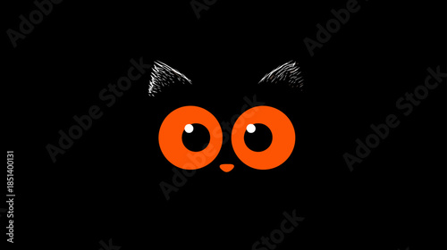 Close-up of a cute mysterious animal face with glowing orange eyes and ears peeking out from a dark black background, minimalist illustration