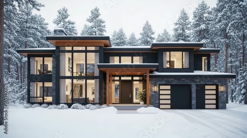 Luxury Winter Home: Modern Architecture House Surrounded by Snow Covered Pine Trees and Forest, Real Estate and Travel