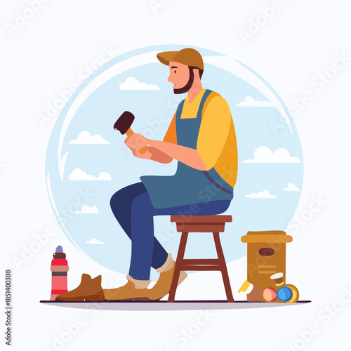 Professional Shoemaker Working on Shoe Repair in a Traditional Workshop Handcrafted Footwear Service Illustration