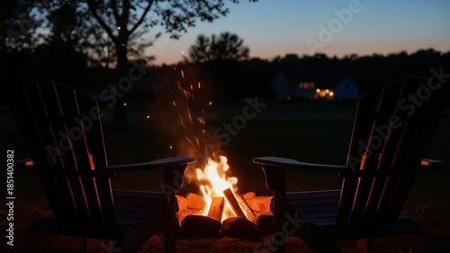 Cozy Outdoor Fire: Two Adirondack Chairs Facing a Crackling Fire Pit on a Lawn at Dusk, Summer Evening Relaxation