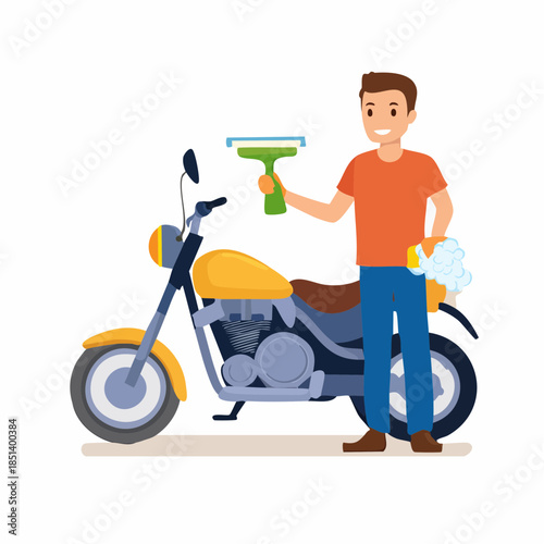 Man Washing Yellow Classic Motorcycle with Soap and Squeegee. Vehicle Maintenance and Detailing Vector Illustration.