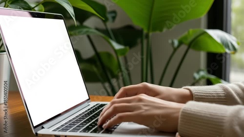 Remote Work Greenery: Hands Typing on a Laptop with a White Screen Against a Lush Plant Background, Productivity and Nature