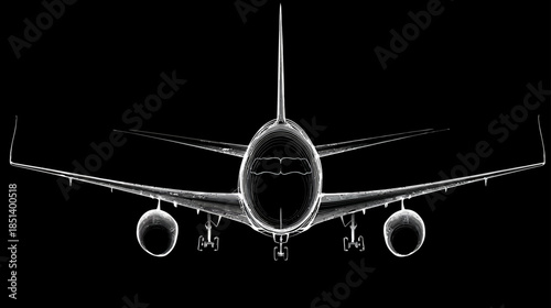 Modern Commercial Passenger Jet Aircraft Outline Front View Illustration. Abstract Digital Art of an Airliner on a Black Background.