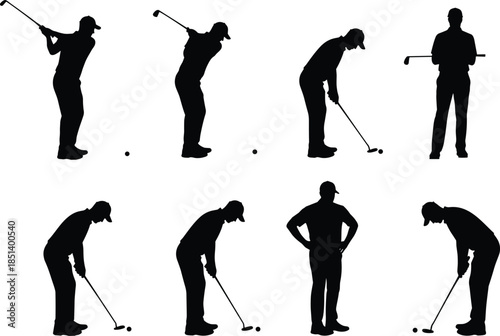 Golf swing silhouette sequence showing professional golfer actions from backswing to putting isolated on white background studio training motion analysis