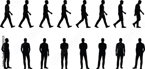 Male walking silhouette collection illustrating human gait cycle, standing poses, casual movement sequence isolated on white background graphic set