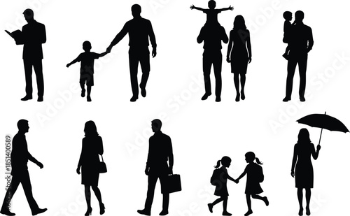 Family and people silhouette collection showing parents, children, couples, walking, carrying, reading, daily life activities isolated on white background
