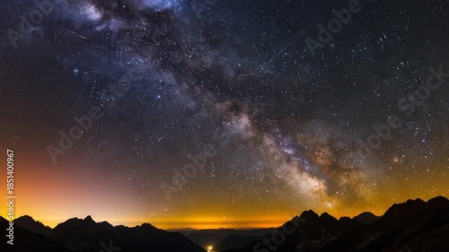 Astronomy Night Sky: The Milky Way Galaxy Arching Over Dark Mountain Peaks at Night, Space and Wilderness Adventure