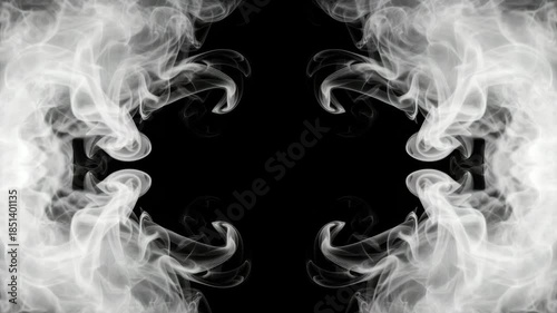Abstract White Smoke: Dynamic Symmetrical Wisps of White Smoke Forming Patterns Against a Black Background, Conceptual Overlay