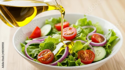 Healthy Italian Appetizer: Hand Pouring Olive Oil Dressing Over a Fresh Salad of Lettuce, Tomatoes, and Onions, Mediterranean Cuisine