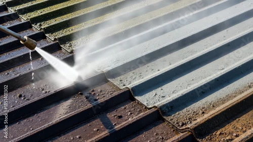Industrial Maintenance Service: High-Pressure Water Jet Cleaning Dirt and Moss from a Corrugated Metal Roof, Exterior Cleaning