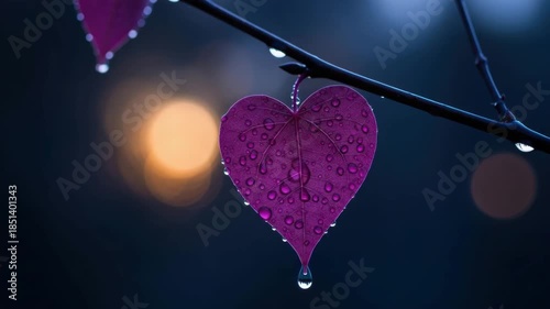 Mystical Heart Leaf: Magenta Plant Leaf Covered in Raindrops Dripping in a Heart Shape Against a Dark Bokeh Background, Romance and Nature